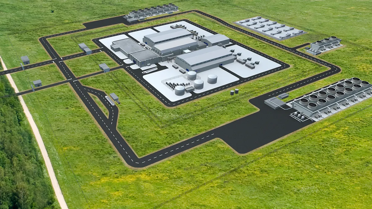 An illustration of a NuScale Power plant layout from 1000ft view