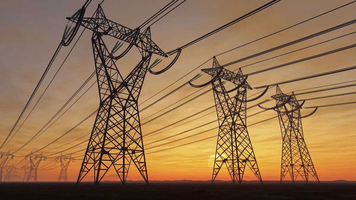 A rendering of electric power lines against the backdrop of a twilit sky