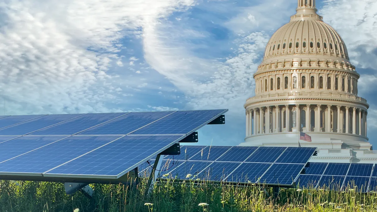 Solar panels in front of the U.S. Capitol dome.