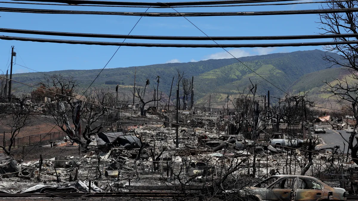 A view of a neighborhood destroyed by a wildfire in Lahaina, Hawaii.