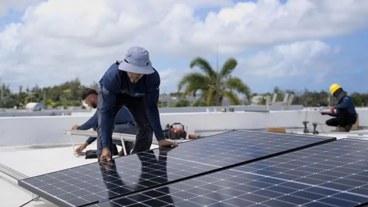 A worker installs a solar panel on a flat, white rooftop with a palm tree in the background.